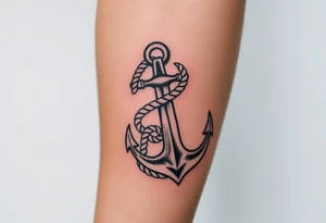 weathered anchor wrapped in nautical rope with sea waves tattoo idea