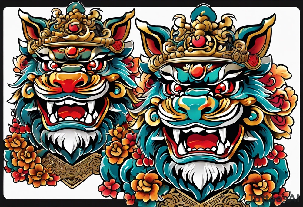 Okinawa style pair of shisa dogs, one with open mouth, one with closed mouth, chest/pecs, Yakuza style, old school tattoo idea