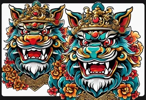 Okinawa style pair of shisa dogs, one with open mouth, one with closed mouth, chest/pecs, Yakuza style, old school tattoo idea