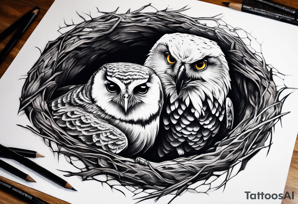 Owl, raven, eagle cuddled in a nest, looking down into the nest tattoo idea