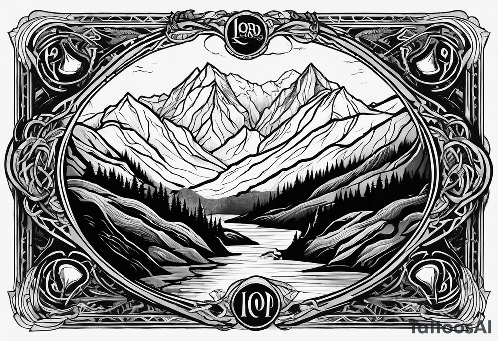 lord of the rings ring lettering with mountains above it and silhouette image of the characters on their travels through the mountains tattoo idea