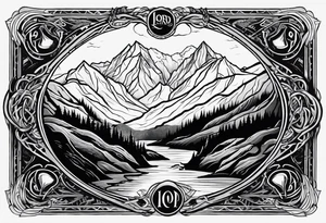 lord of the rings ring lettering with mountains above it and silhouette image of the characters on their travels through the mountains tattoo idea