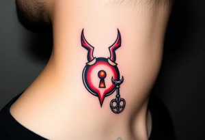 A black and red demonic lock with lockhole and with glowing eyes, with a spiked key floating near it tattoo idea