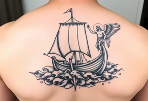blend a viking sail boat, with the parabel of the fishermen in the sea with gods reaching down to save them, include jesus holding a lamb, include a valley of death and st michael the arch angel tattoo idea