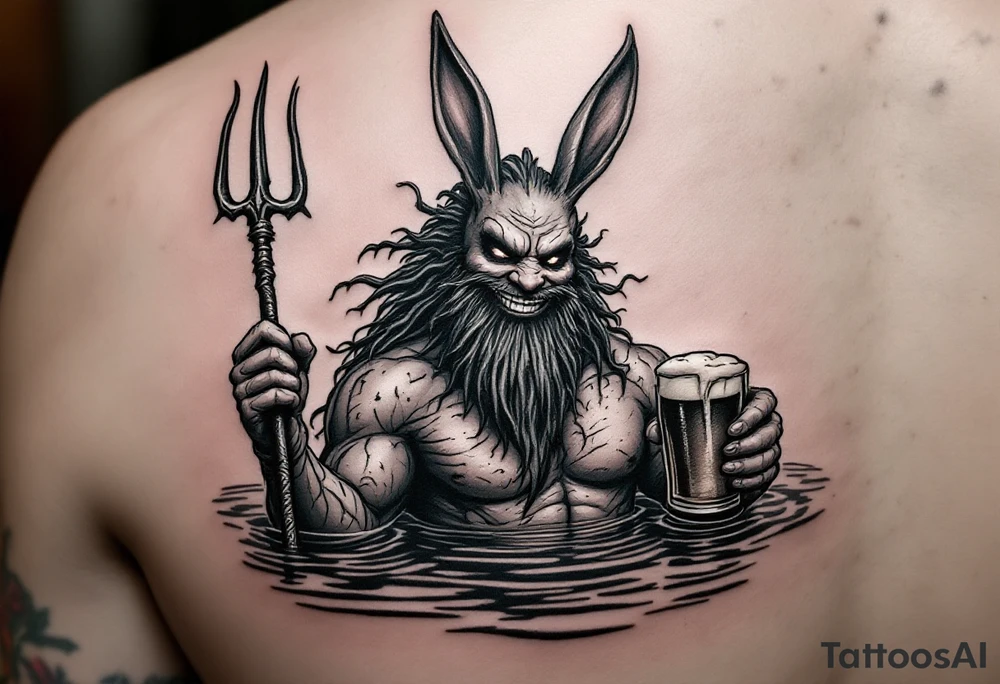 smiling poseidon in calm water, holding a trident, holding a beer, with bunny ears tattoo idea