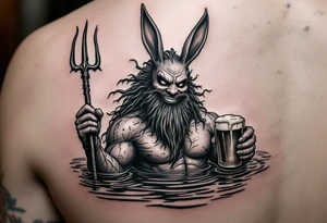 smiling poseidon in calm water, holding a trident, holding a beer, with bunny ears tattoo idea