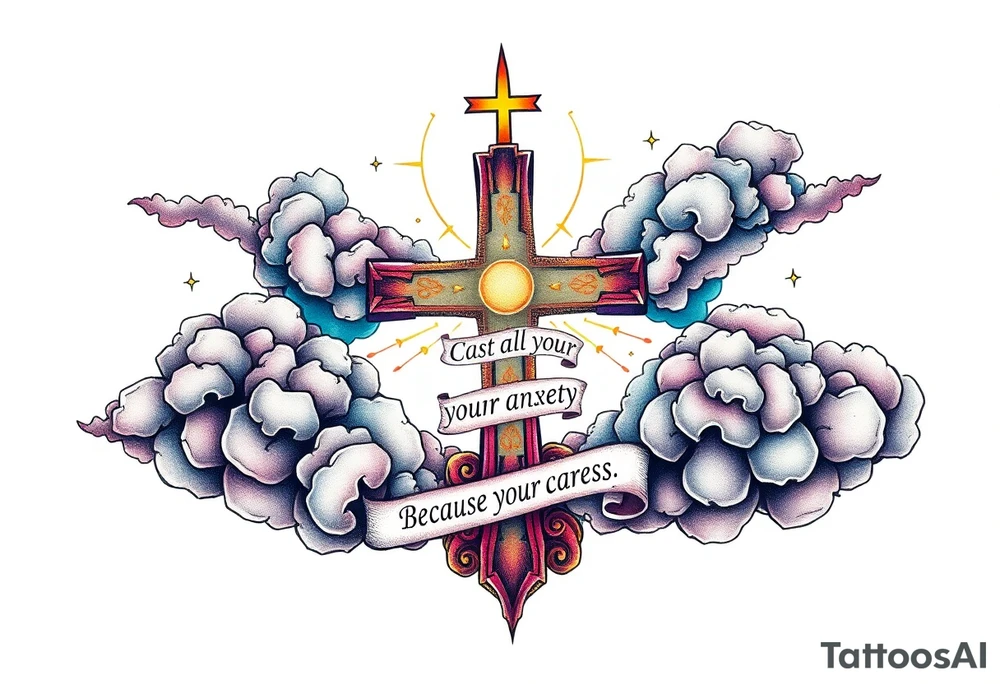 cast all your anxiety on him because he cares for you"  surrounded with clouds and cross tattoo idea