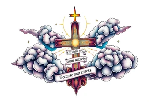 cast all your anxiety on him because he cares for you"  surrounded with clouds and cross tattoo idea