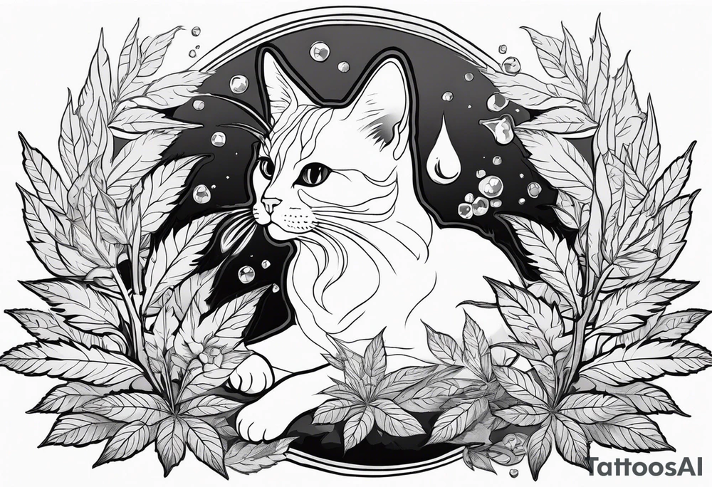 Cannabis plant with mushrooms pothos. A cat. Use negative space to show the sun. A cat, and crystals tattoo idea