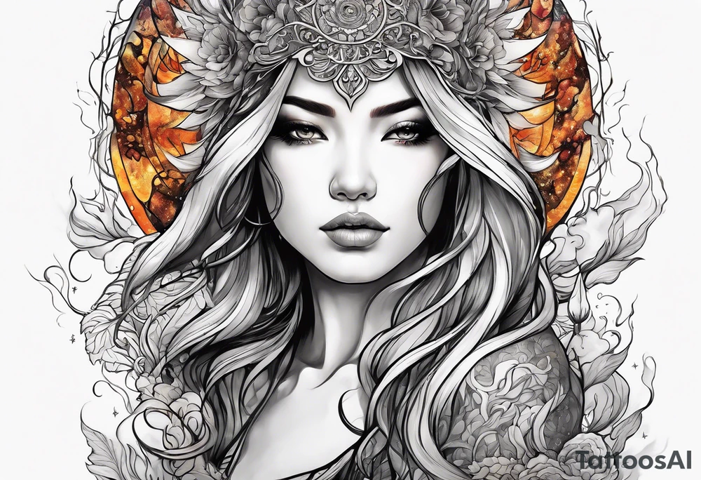 Resurrection strength and courage Beautiful Woman walking through fire and chaos to inner peace and self-love  ethereal tattoo idea