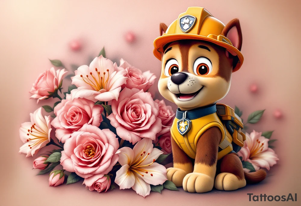 Rubble from Paw Patrol with a construction helmet, standing next to a pile of pink roses and white lilies, symbolizing building a strong foundation in love. The flowers have soft shades of pink and white with golden highlights. tattoo idea