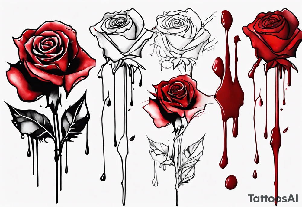 rose flower, one line, red blood dripping from the flower, tall, watercolor, with a t 
placed in the bottom half tattoo idea