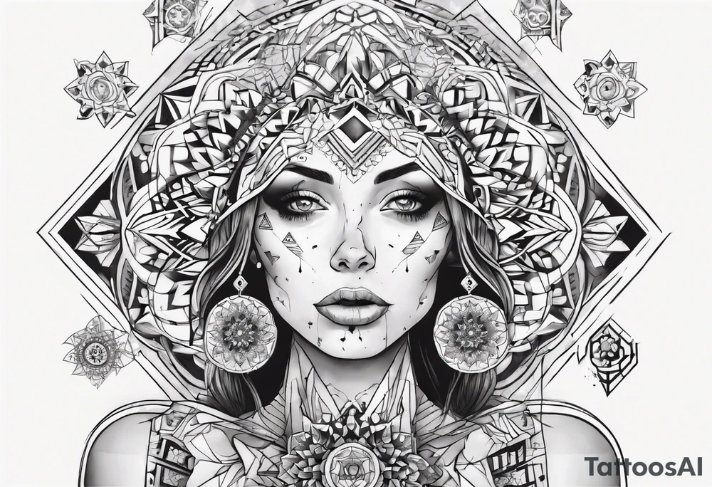 beautiful woman mixed with geometric objects like a mandalas tattoo idea