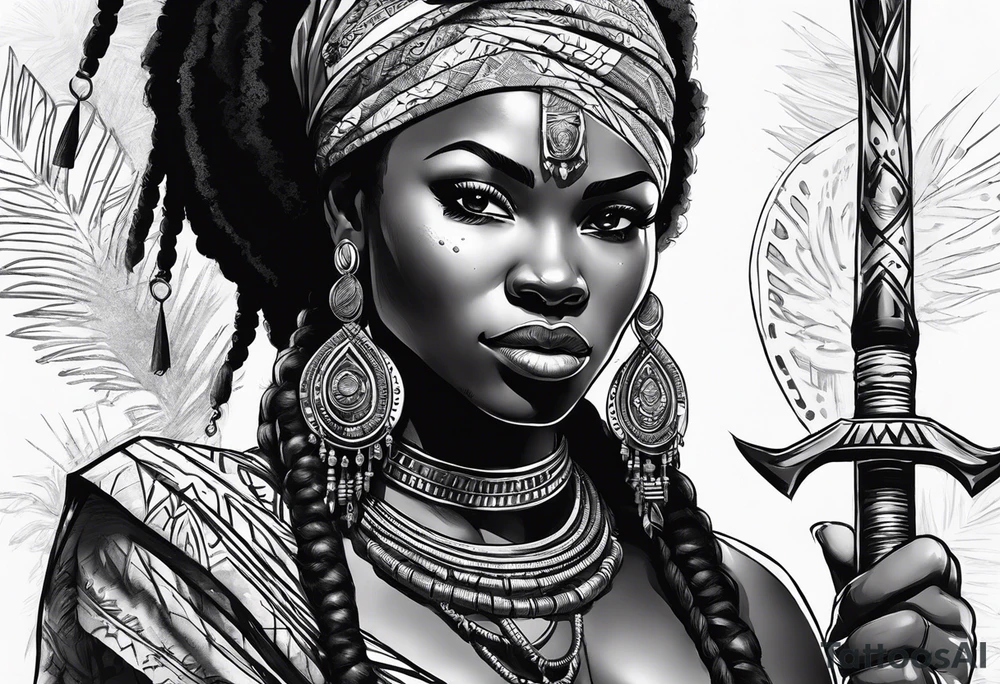 African woman warrior holding spear with deadlocks and earrings. With African setting in the background tattoo idea