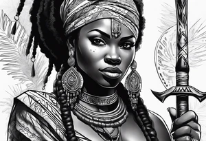 African woman warrior holding spear with deadlocks and earrings. With African setting in the background tattoo idea