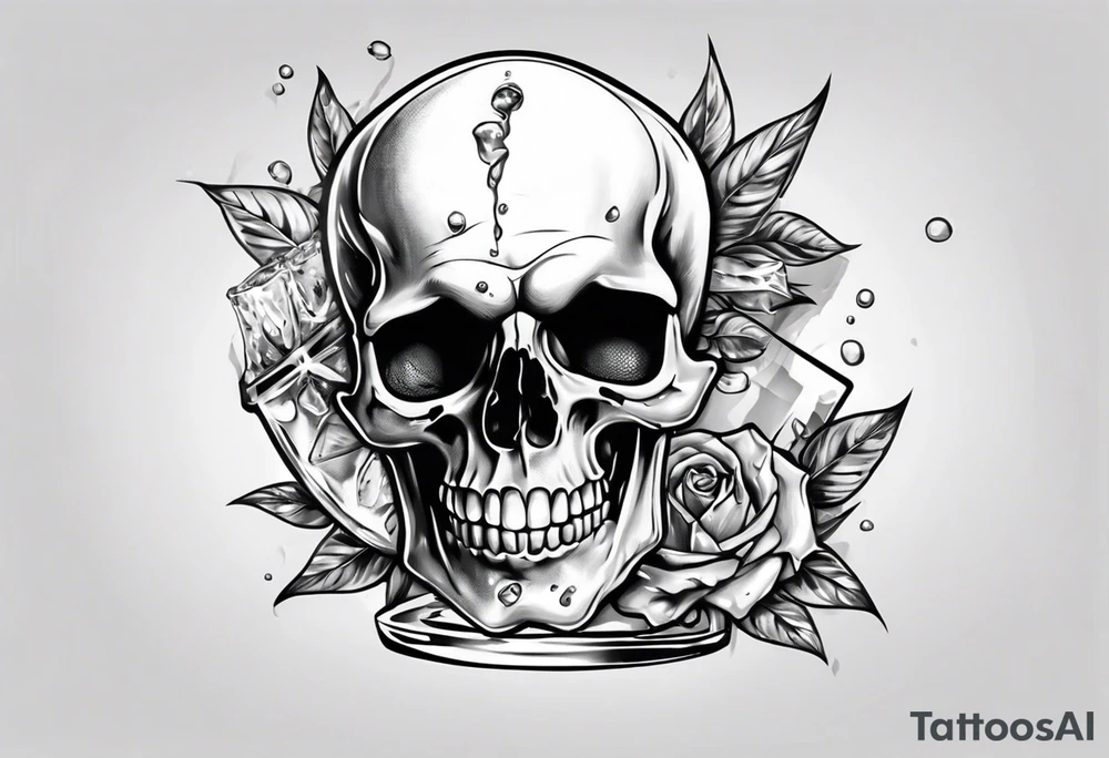 A smiling looking to the left scull inside the glass with alcohol and piece of lime tattoo idea