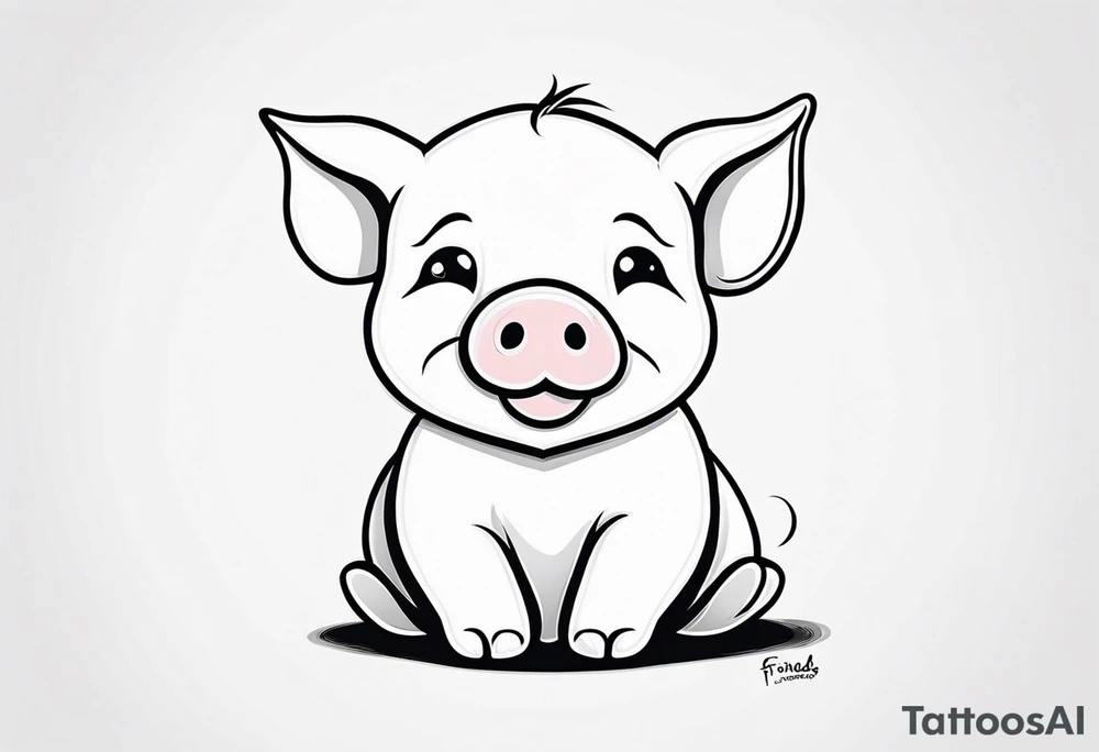 cute piglet sitting on bum. thin lines minimal shading, black and white only, with text "friends not food", white background tattoo idea