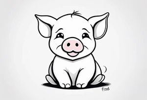cute piglet sitting on bum. thin lines minimal shading, black and white only, with text "friends not food", white background tattoo idea