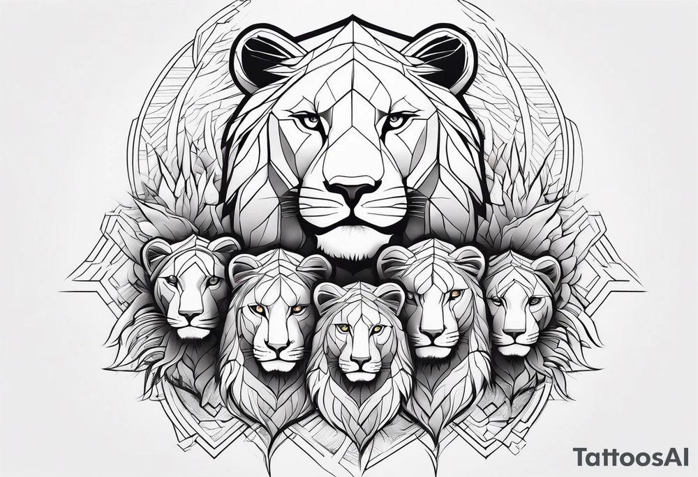 Powerful majestic lioness and four cubs with a rising Phoenix and my name marcia tattoo idea