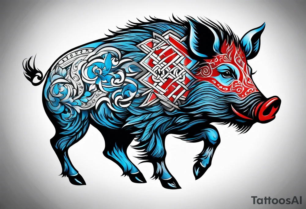 Wild boar that is blue with 3 red crosses tattoo idea