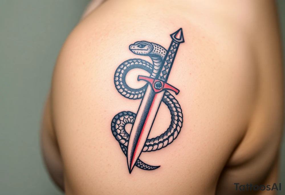 mystical snake coiled around an ancient dagger with jeweled hilt tattoo idea