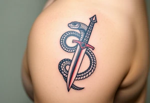 mystical snake coiled around an ancient dagger with jeweled hilt tattoo idea