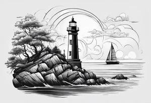 maritime lighthouse partially hidden by its 2 large fixed sails. tattoo idea