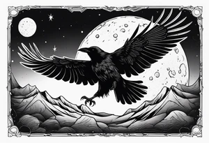 a scary black raven landing on the moon tattoo idea