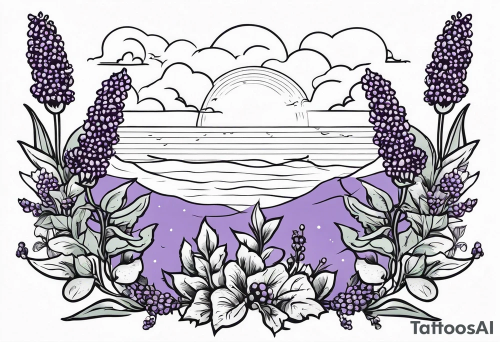 lavender flowers, with blackberry berries. symbol of the ocean and sky in the background. tattoo idea