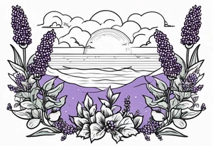 lavender flowers, with blackberry berries. symbol of the ocean and sky in the background. tattoo idea