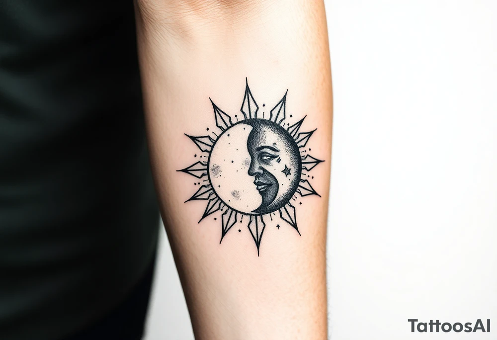 celestial sun and moon embrace with constellation patterns tattoo idea