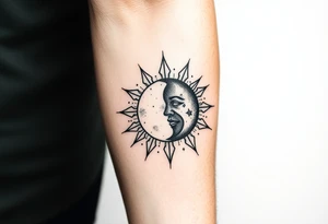 celestial sun and moon embrace with constellation patterns tattoo idea