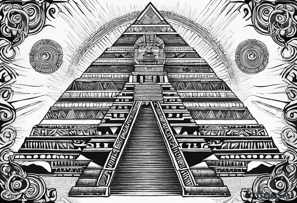 aztec sun background with pyramid in front with two aztec warrios on the left and right side of pyramid tattoo idea
