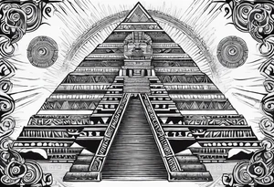 aztec sun background with pyramid in front with two aztec warrios on the left and right side of pyramid tattoo idea