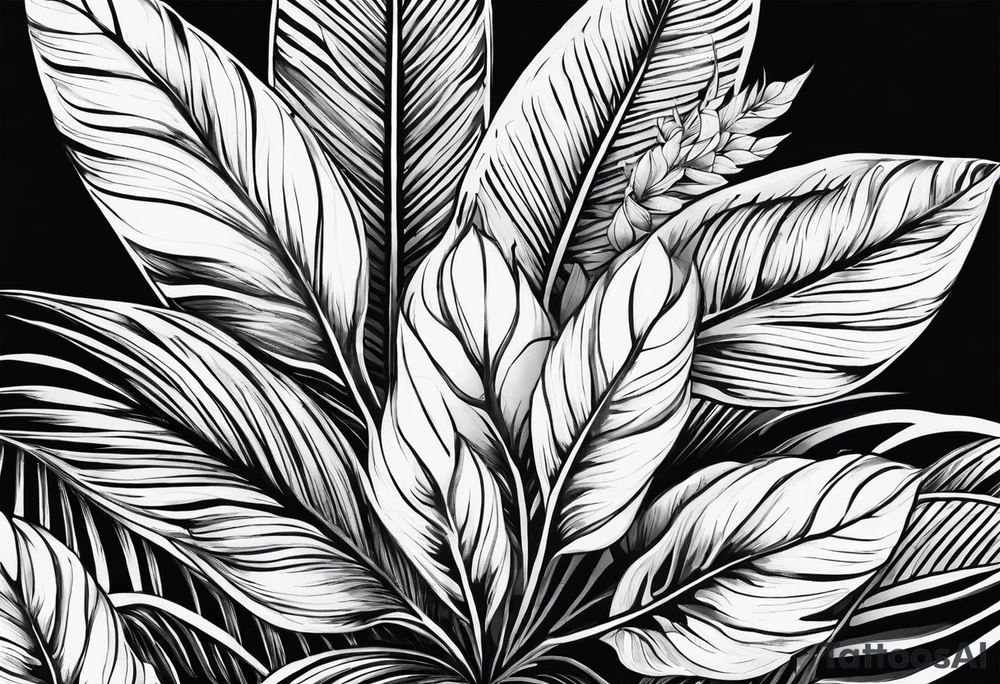 Tropical leaves line work tattoo idea
