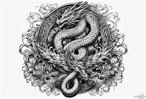 caduceus; intricate fine line and abstract with realism replace snakes with eastern dragons sleeve piece tattoo idea