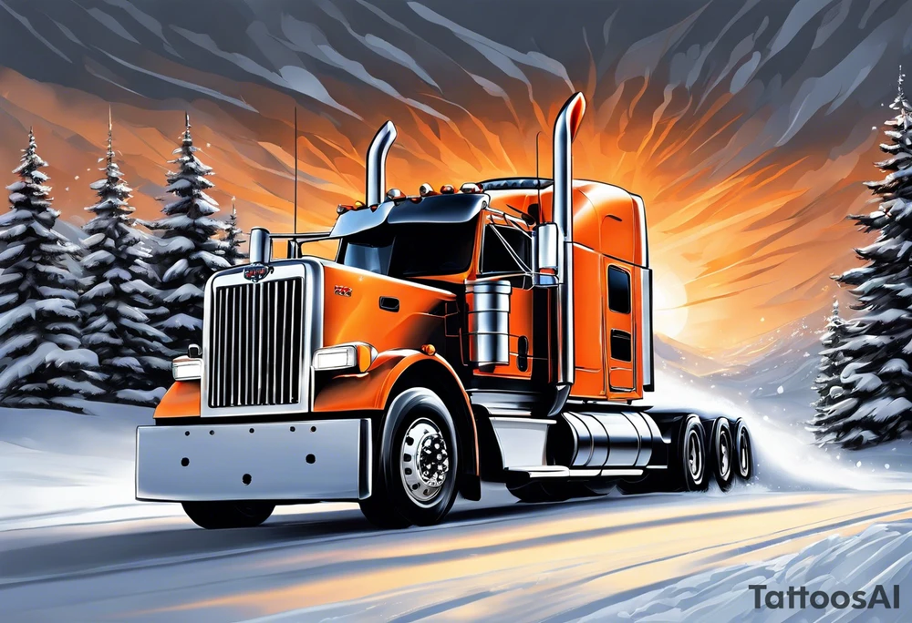 Peterbuilt 389 driving through the snow with orange light striking behind it tattoo idea