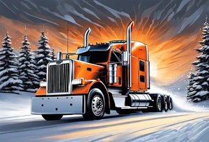 Peterbuilt 389 driving through the snow with orange light striking behind it tattoo idea