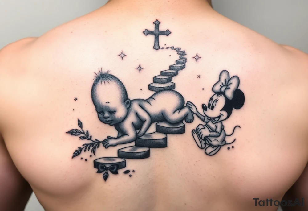 Babyboy crawling up to gods stairway to heaven surrounded wit baby mickey mouse and baby Minnie mouse baby winnie the poo tattoo idea