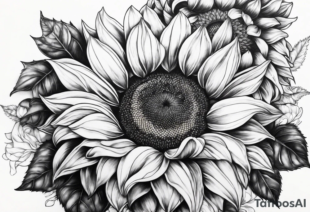 My moms name Araceli in cursive sunflowers and shading all around tattoo idea