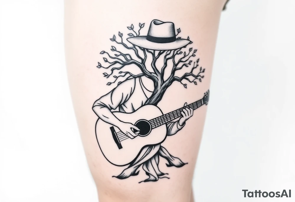 Man with hat but cant see face 
playing acoustic guitar underneath tree of life concept style tattoo idea