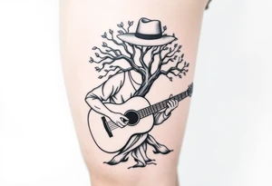 Man with hat but cant see face 
playing acoustic guitar underneath tree of life concept style tattoo idea