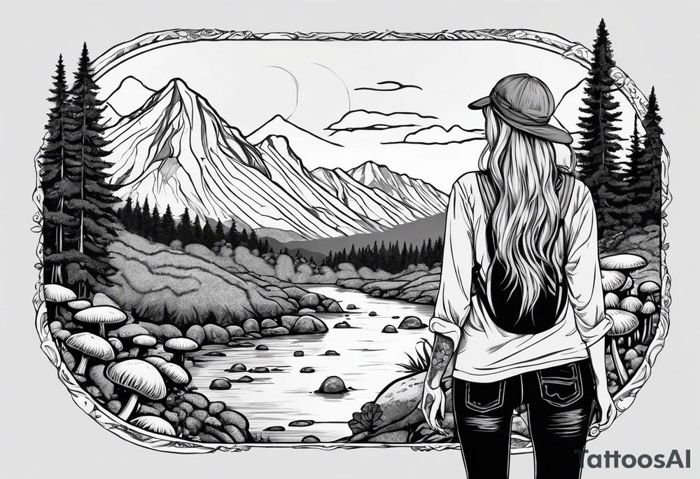 Whole picture encircled fully

Straight long blonde hair hippie girl in distance holding mushrooms in hand facing away toward mountains and creek surrounded by mushrooms long sleeve shirt and hiking pants; whole rendering within a full circle, no cut off circle tattoo idea