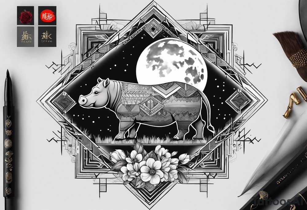 Very asymmetrical, +geometric pattern, with realistic full moon, with hippo at side look, +tribal, +geometric, +inkart , +blackwork, +grey scale, + sketch
with wintersweet flower bud, +inkart touch, +for men, detailed , combined favourite tattoo idea