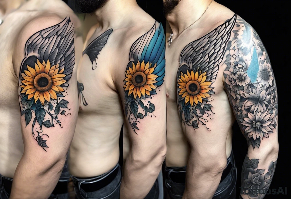 Sleeve with angel wings, sunflower and butterfly tattoo idea