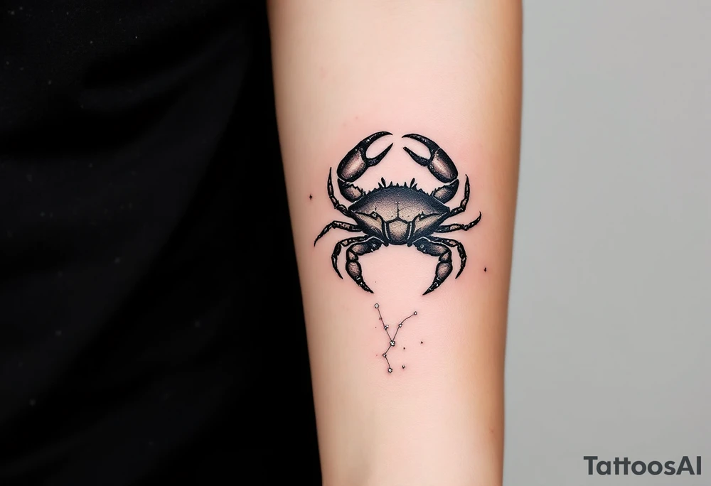 A black crab climbs along the Cancer constellation, outlined in tiny silver dots. tattoo idea