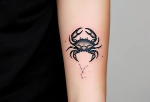 A black crab climbs along the Cancer constellation, outlined in tiny silver dots. tattoo idea