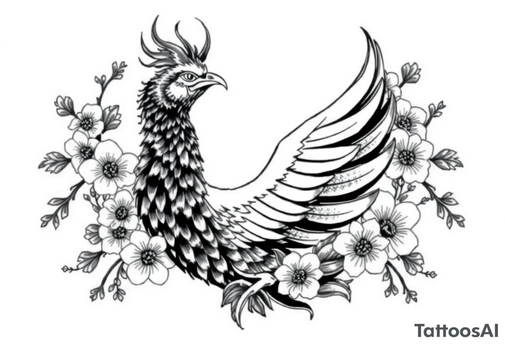powerful majestic japanese phenix surrounded by Marple and cherry blossom ornaments tattoo idea