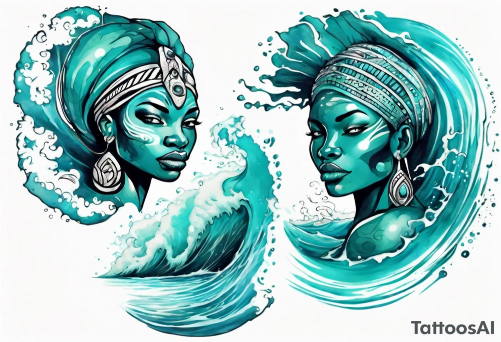 a beautiful turquoise african face emerging from an ocean wave, crashing onto the shore tattoo idea