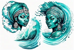 a beautiful turquoise african face emerging from an ocean wave, crashing onto the shore tattoo idea